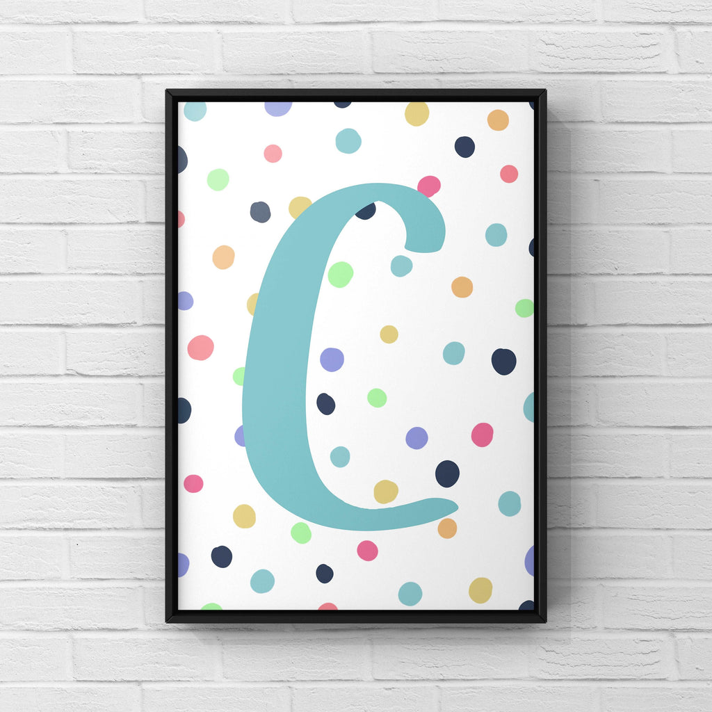 Letter / Initial Print - Blue & Rainbow Polka Dots Posters, Prints, & Visual Artwork Pretty Average   