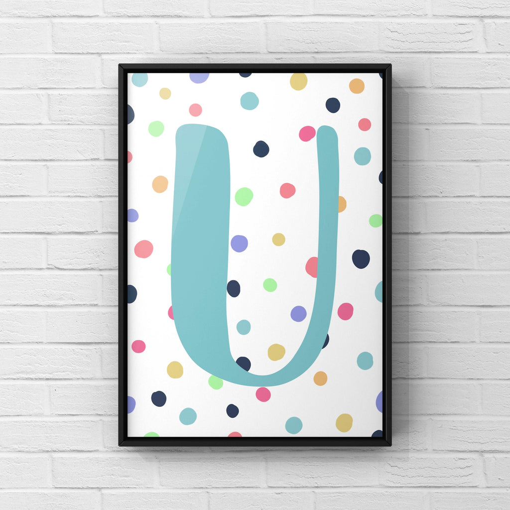 Letter / Initial Print - Blue & Rainbow Polka Dots Posters, Prints, & Visual Artwork Pretty Average   