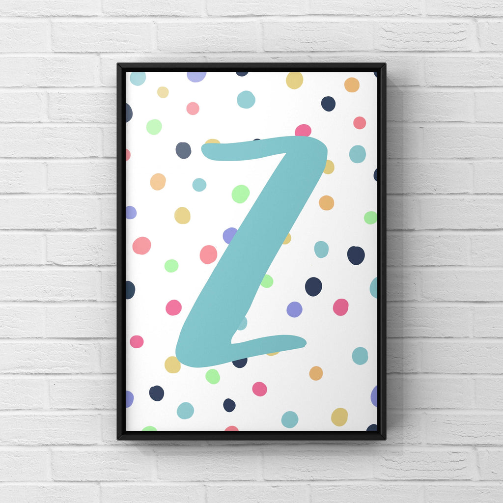 Letter / Initial Print - Blue & Rainbow Polka Dots Posters, Prints, & Visual Artwork Pretty Average   