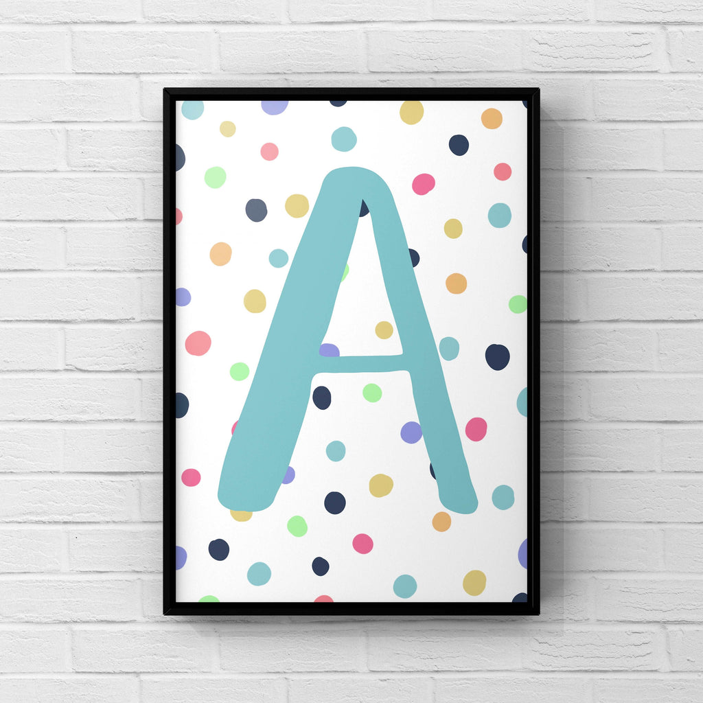 Letter / Initial Print - Blue & Rainbow Polka Dots Posters, Prints, & Visual Artwork Pretty Average   