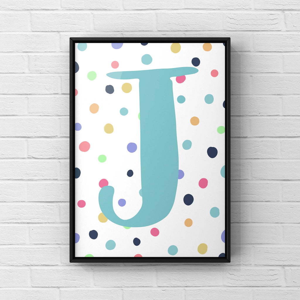 Letter / Initial Print - Blue & Rainbow Polka Dots Posters, Prints, & Visual Artwork Pretty Average   