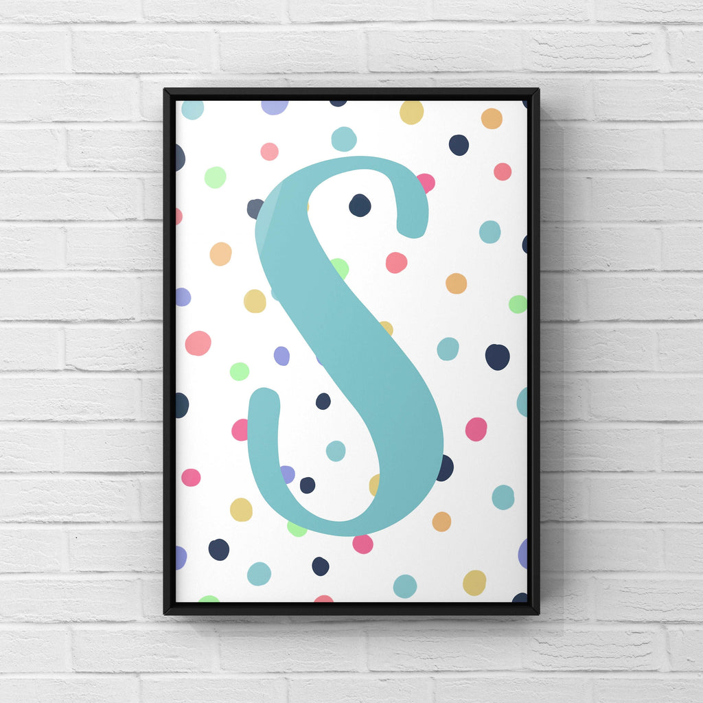 Letter / Initial Print - Blue & Rainbow Polka Dots Posters, Prints, & Visual Artwork Pretty Average   