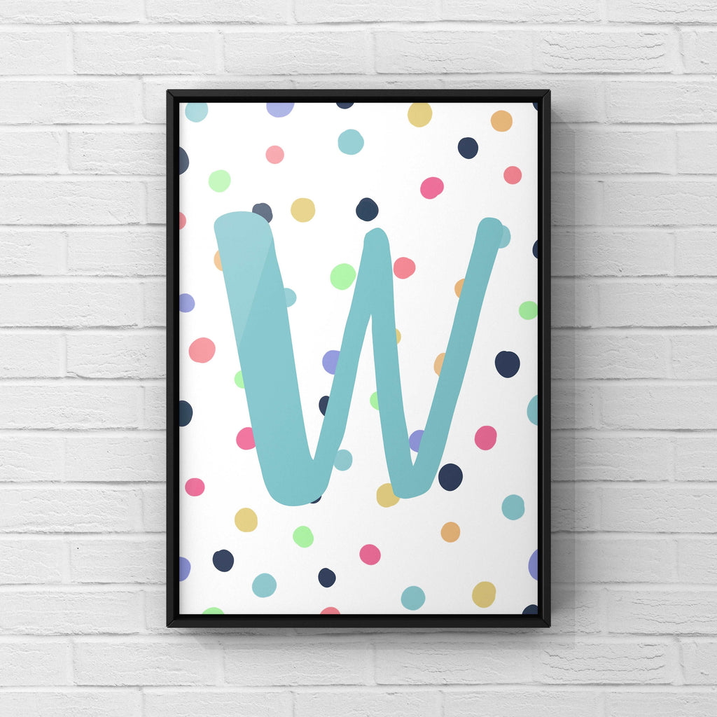 Letter / Initial Print - Blue & Rainbow Polka Dots Posters, Prints, & Visual Artwork Pretty Average   