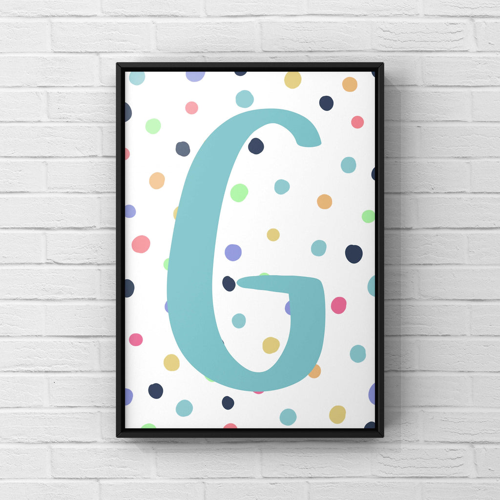 Letter / Initial Print - Blue & Rainbow Polka Dots Posters, Prints, & Visual Artwork Pretty Average   