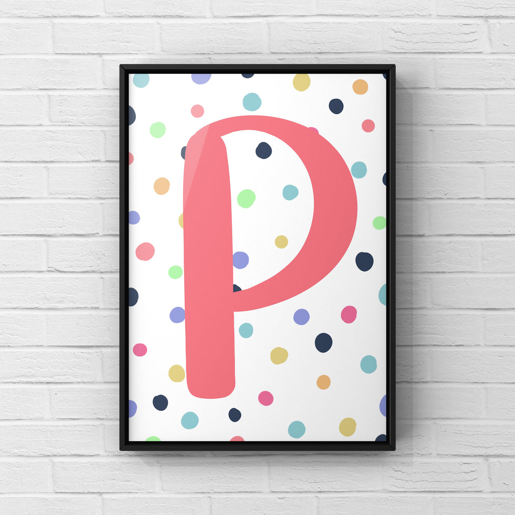 Letter / Initial Print - Pink & Rainbow Polka Dots Posters, Prints, & Visual Artwork Pretty Average   