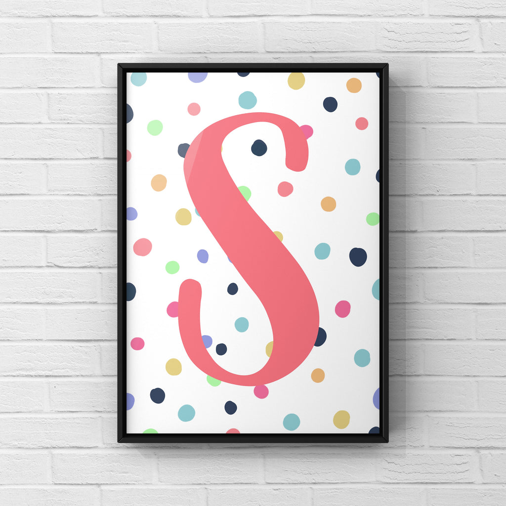 Letter / Initial Print - Pink & Rainbow Polka Dots Posters, Prints, & Visual Artwork Pretty Average   